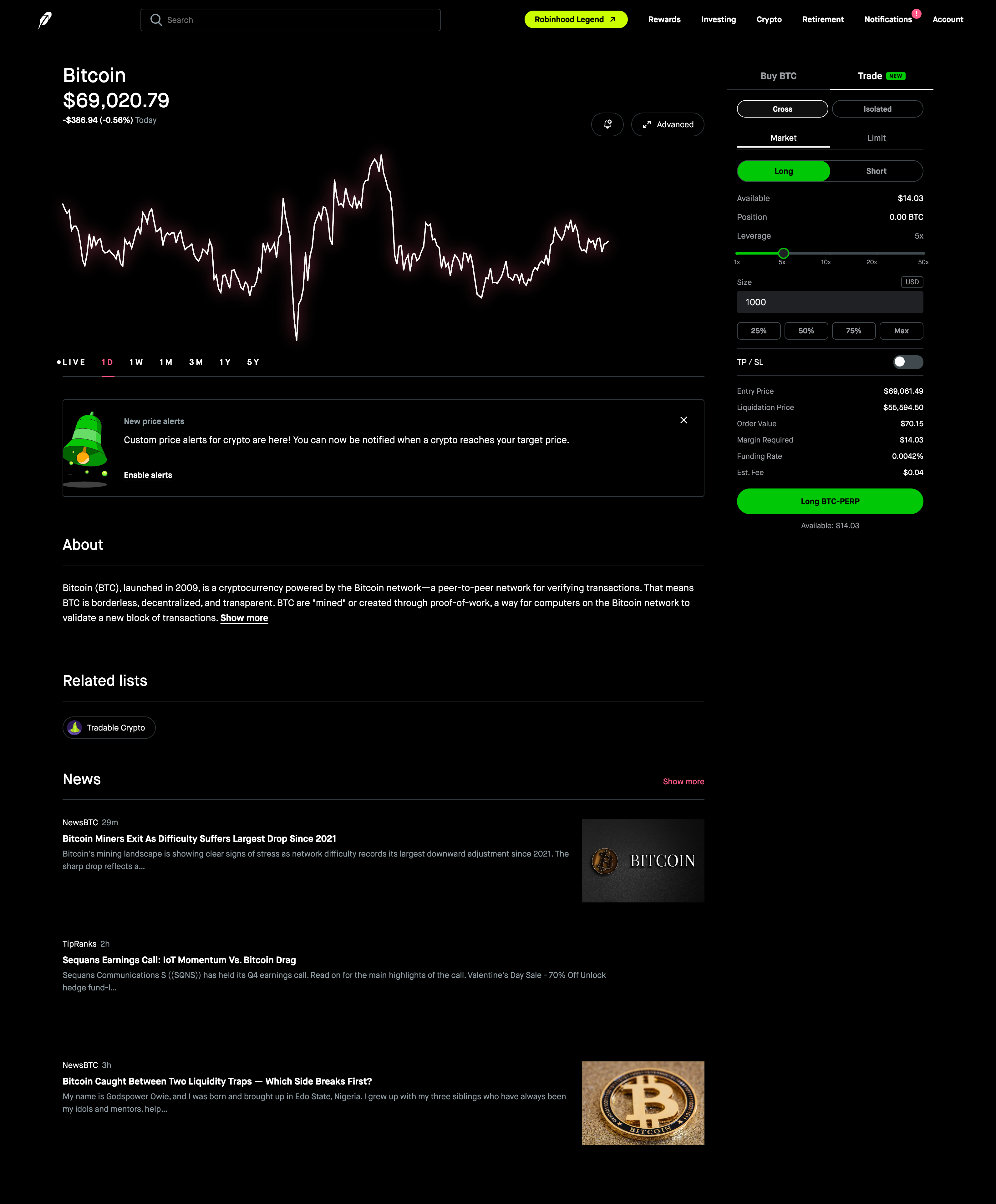 Robinhood perpetual futures trading panel concept