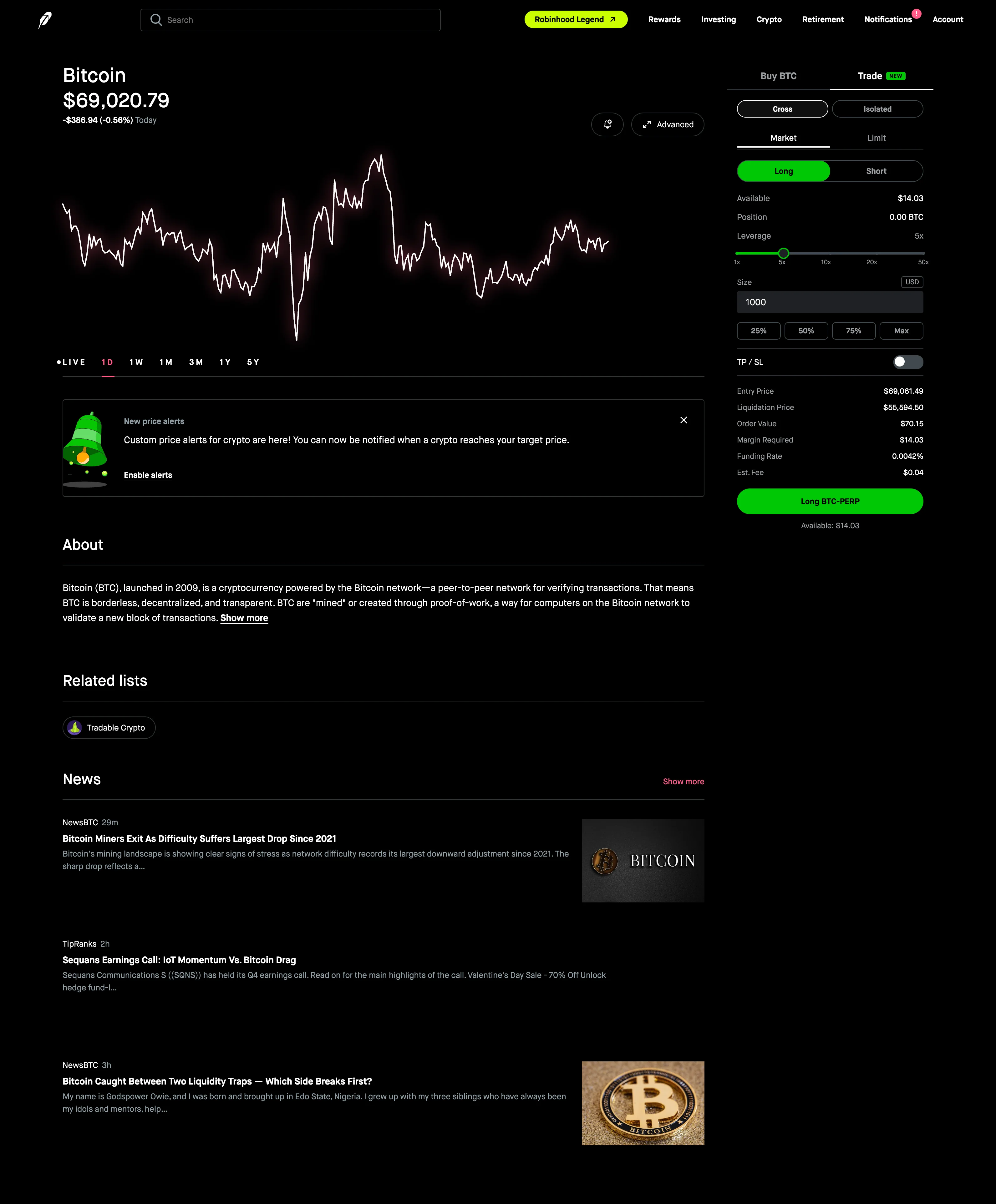 Robinhood perpetual futures trading panel concept